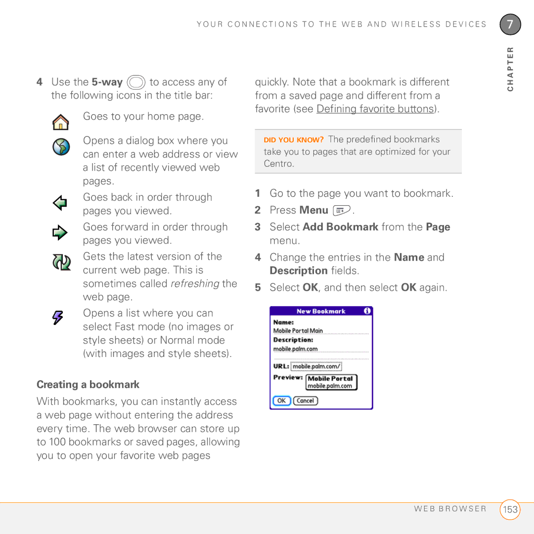 Palm PDA CentroTM Smart Device manual Creating a bookmark 