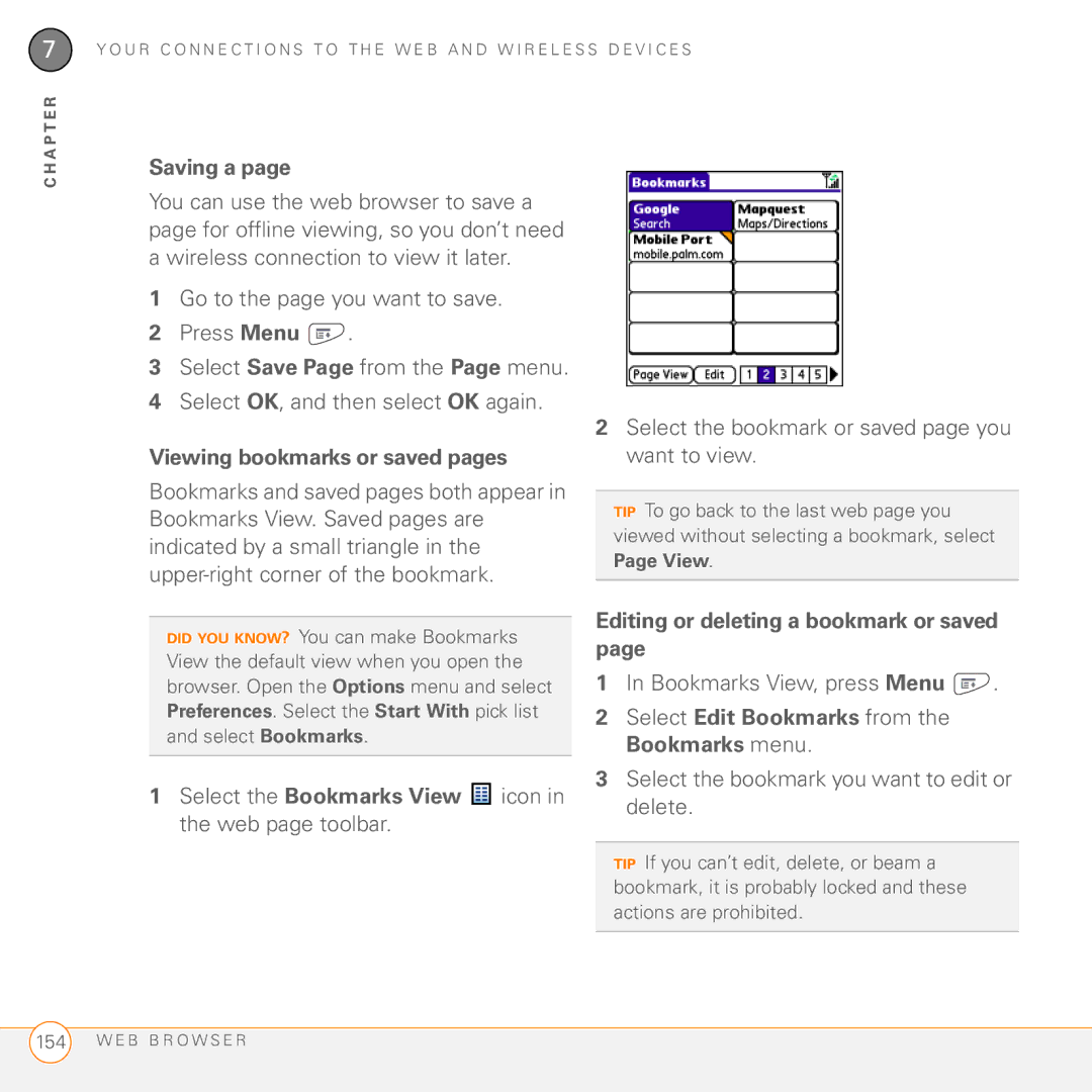Palm PDA CentroTM Smart Device manual Saving a, Viewing bookmarks or saved pages, Editing or deleting a bookmark or saved 