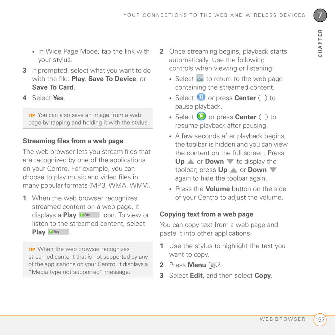 Palm PDA CentroTM Smart Device manual Streaming files from a web, Play, Copying text from a web 