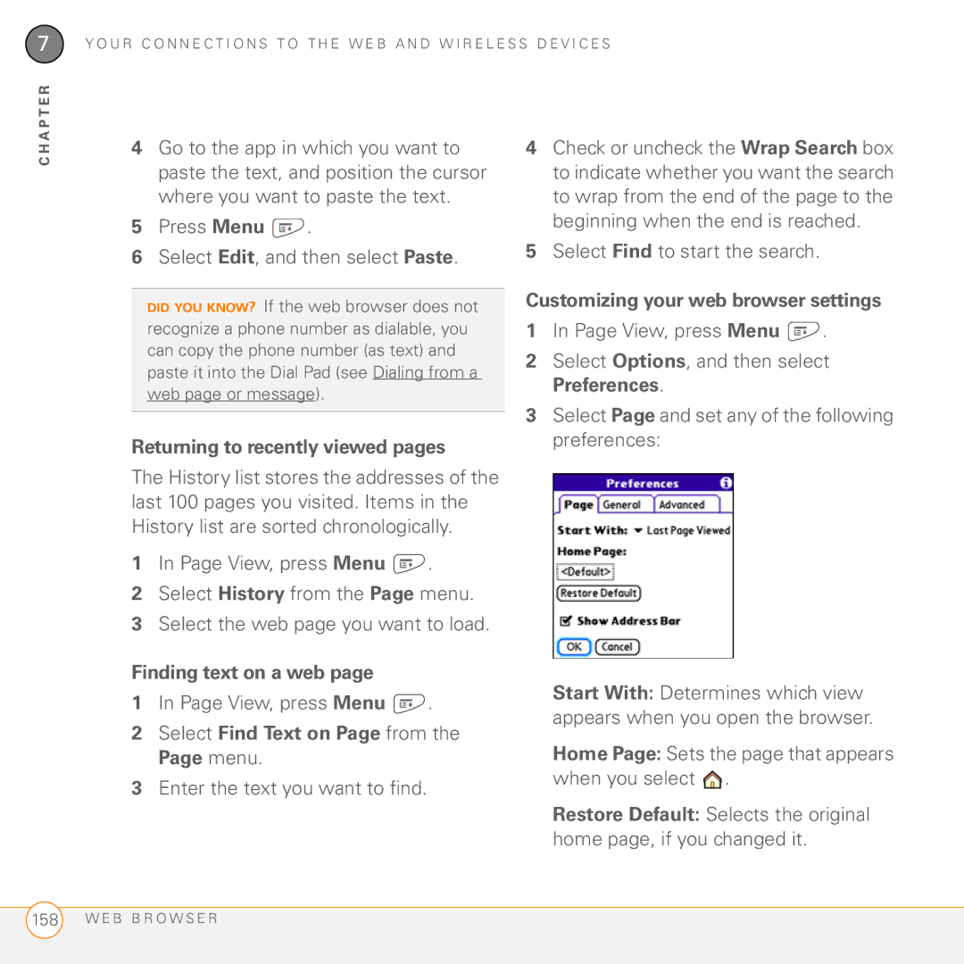 Palm PDA CentroTM Smart Device manual Returning to recently viewed pages, Finding text on a web 