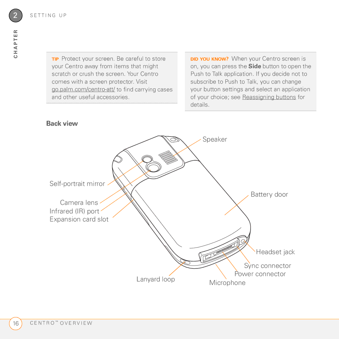 Palm PDA CentroTM Smart Device manual Back view, Sync connector, Lanyard loop Power connector Microphone 