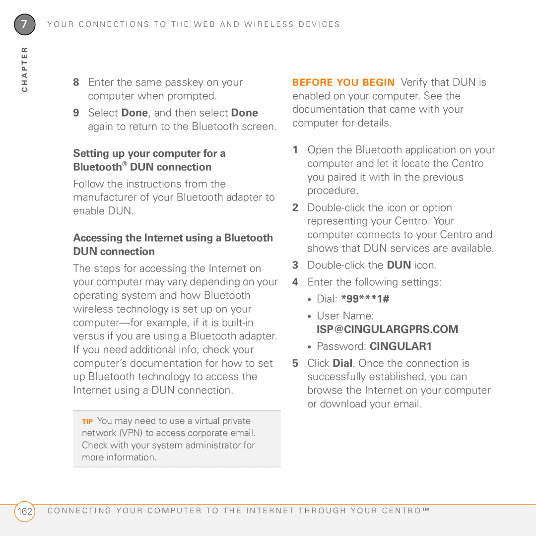 Palm PDA CentroTM Smart Device manual Setting up your computer for a Bluetooth DUN connection, Dial *99***1# 