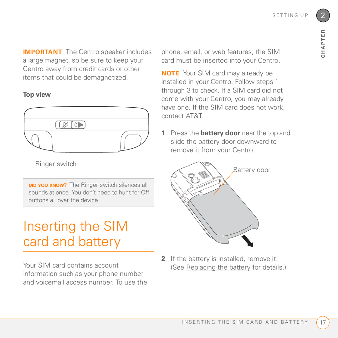 Palm PDA CentroTM Smart Device manual Inserting the SIM card and battery, Top view, Ringer switch 