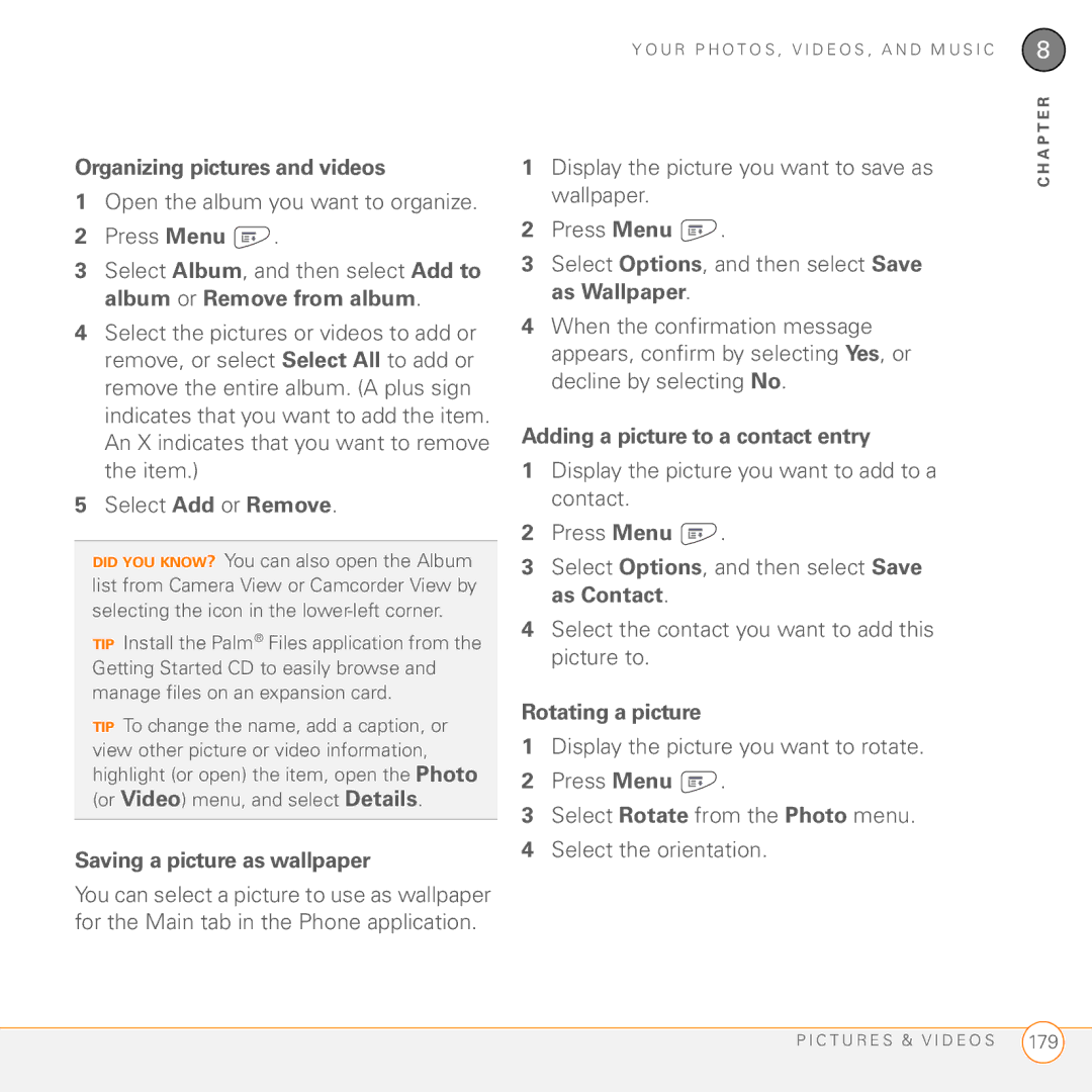 Palm PDA CentroTM Smart Device manual Organizing pictures and videos, Saving a picture as wallpaper, Rotating a picture 
