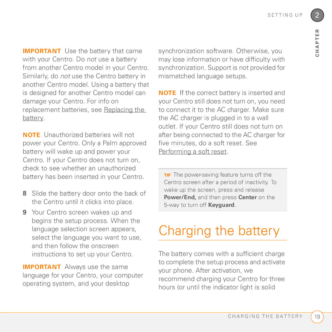 Palm PDA CentroTM Smart Device manual Charging the battery 