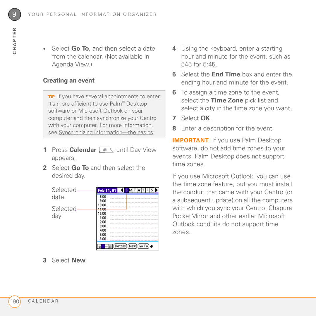 Palm PDA CentroTM Smart Device manual Creating an event 