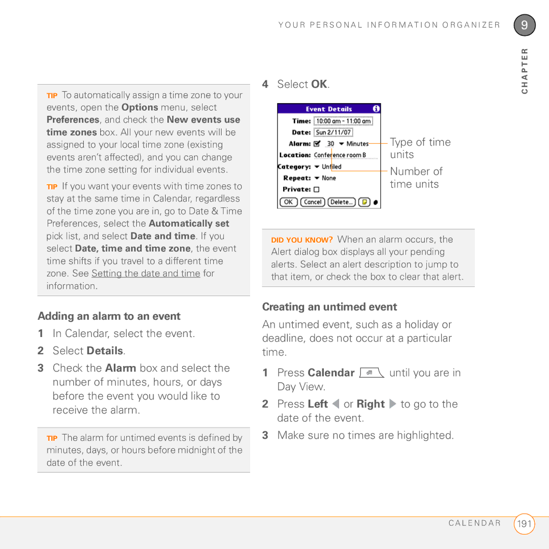 Palm PDA CentroTM Smart Device manual Select OK Type of time units Number of time units, Adding an alarm to an event 