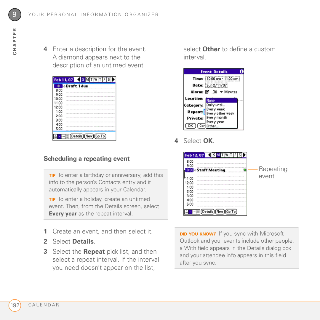 Palm PDA CentroTM Smart Device manual Scheduling a repeating event, Create an event, and then select it Select Details 