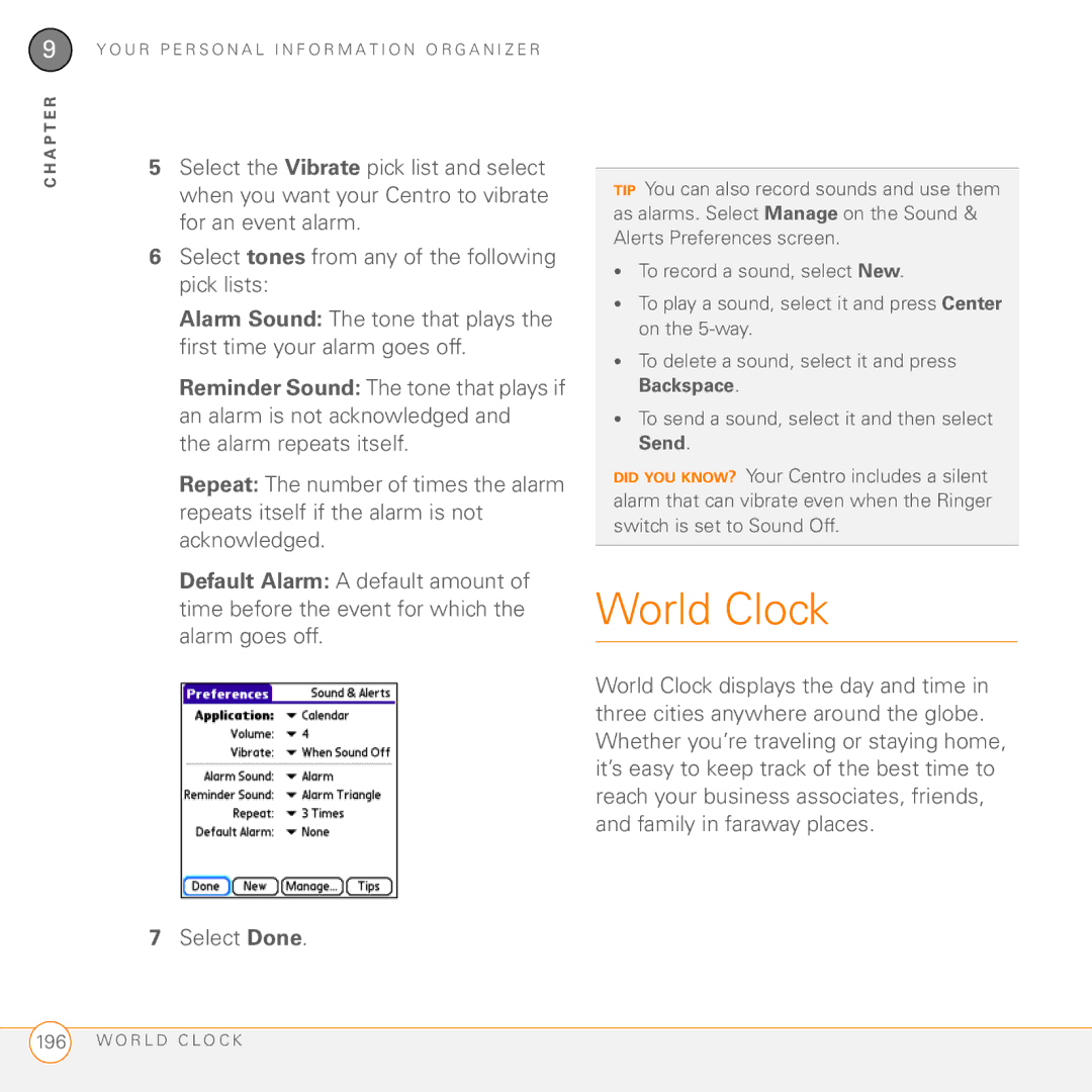 Palm PDA CentroTM Smart Device manual World Clock, To delete a sound, select it and press Backspace 