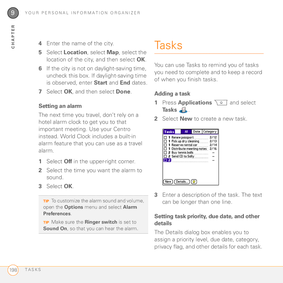 Palm PDA CentroTM Smart Device manual Setting an alarm, Adding a task Press Applications and select Tasks 