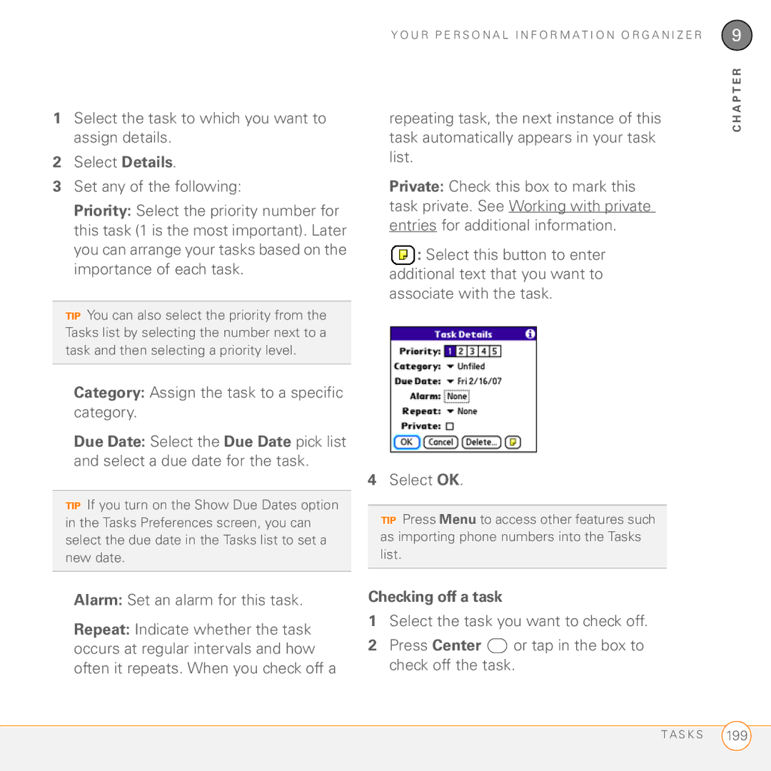 Palm PDA CentroTM Smart Device manual Category Assign the task to a specific category, Alarm Set an alarm for this task 