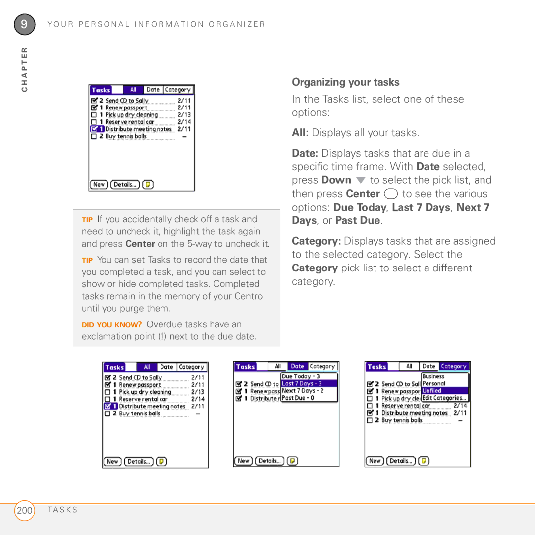 Palm PDA CentroTM Smart Device manual Organizing your tasks, Options Due Today, Last 7 Days, Next 7 Days, or Past Due 