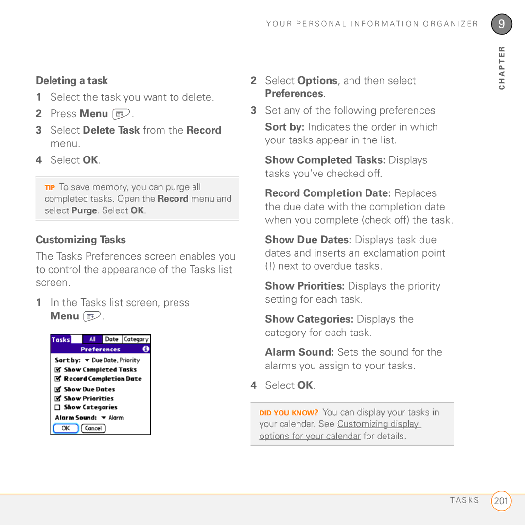 Palm PDA CentroTM Smart Device manual Deleting a task, Customizing Tasks 