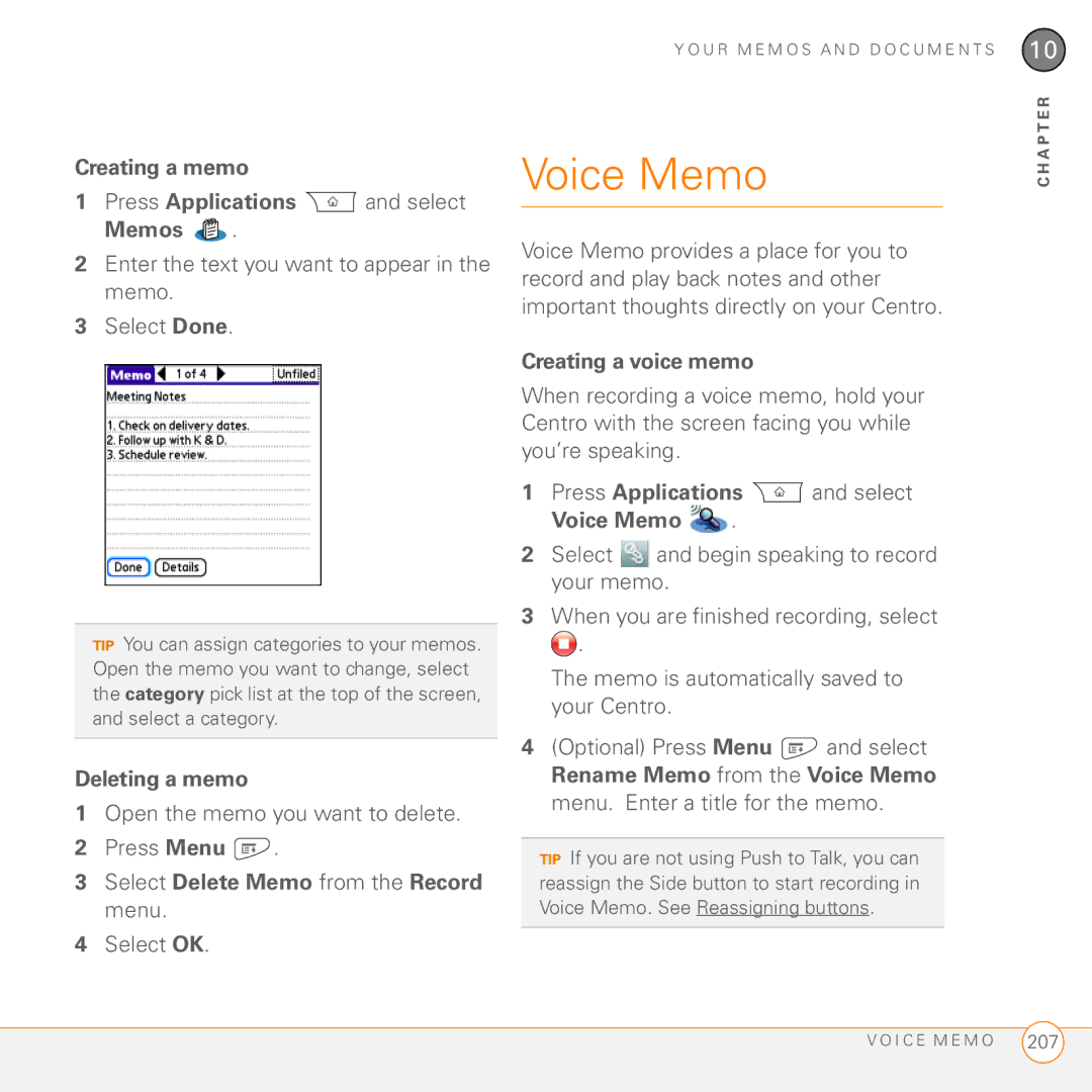 Palm PDA CentroTM Smart Device manual Voice Memo, Creating a memo Press Applications and select Memos, Deleting a memo 