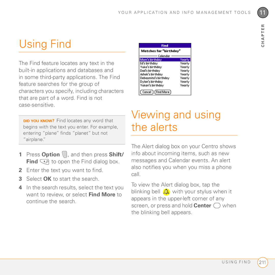 Palm PDA CentroTM Smart Device manual Using Find, Viewing and using the alerts 