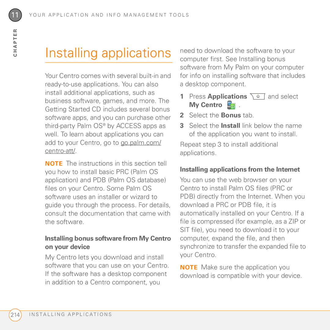 Palm PDA CentroTM Smart Device manual Installing applications, Installing bonus software from My Centro on your device 