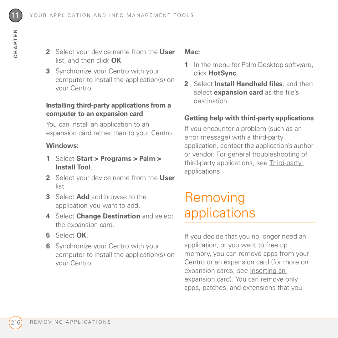 Palm PDA CentroTM Smart Device manual Removing applications, Windows Select Start Programs Palm Install Tool, Mac 