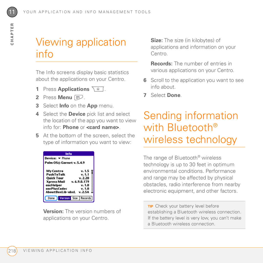 Palm PDA CentroTM Smart Device manual Viewing application info, Sending information with Bluetooth wireless technology 