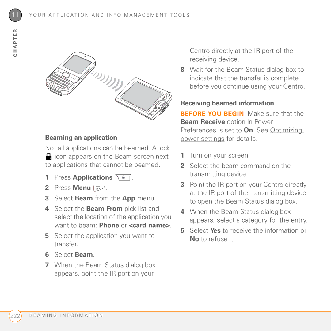 Palm PDA CentroTM Smart Device Beaming an application, To applications that cannot be beamed, Receiving beamed information 