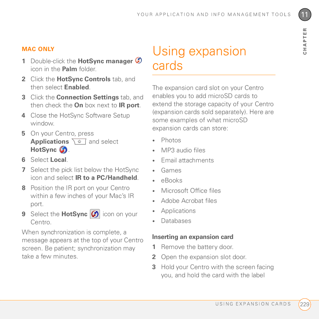 Palm PDA CentroTM Smart Device manual Using expansion cards, Double-click the HotSync manager icon in the Palm folder 