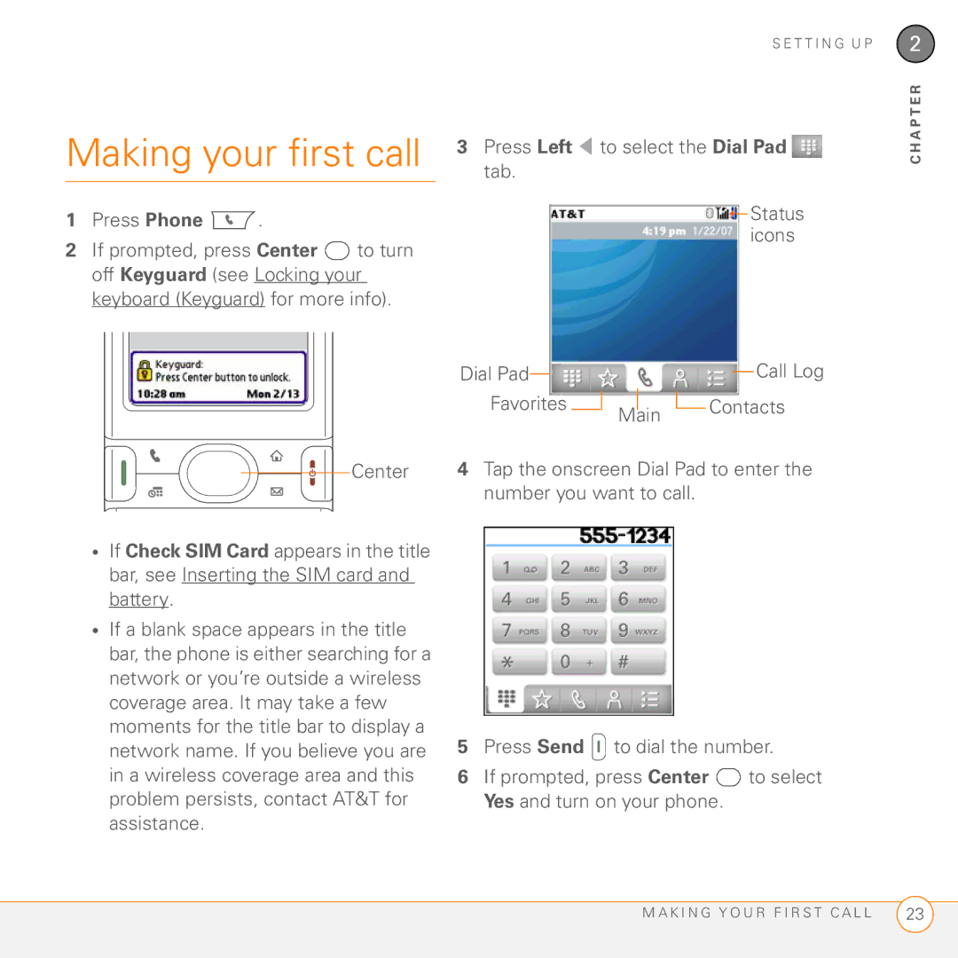 Palm PDA CentroTM Smart Device Making your first call, Press Phone, Press Left to select the Dial Pad tab Status icons 