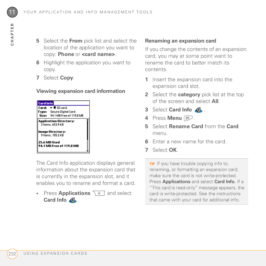 Palm PDA CentroTM Smart Device Highlight the application you want to copy Select Copy, Viewing expansion card information 