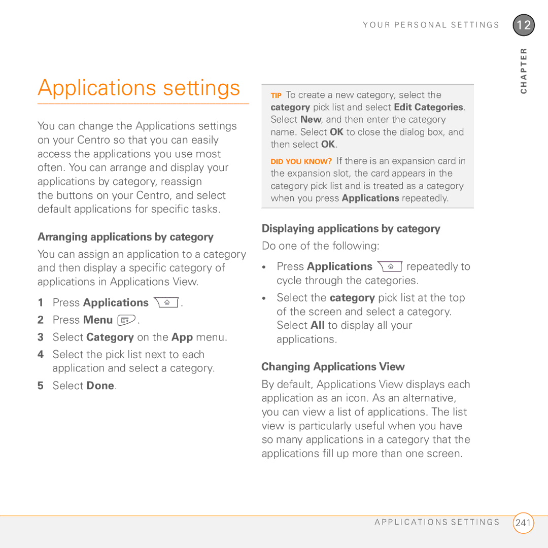 Palm PDA CentroTM Smart Device manual Applications settings, Arranging applications by category, Changing Applications View 