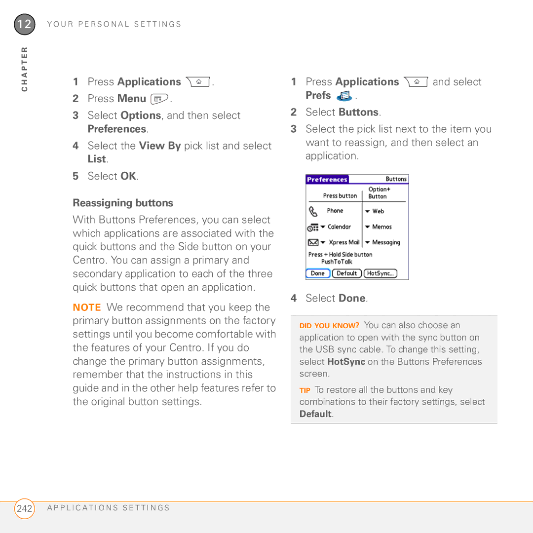 Palm PDA CentroTM Smart Device manual Reassigning buttons, Default 