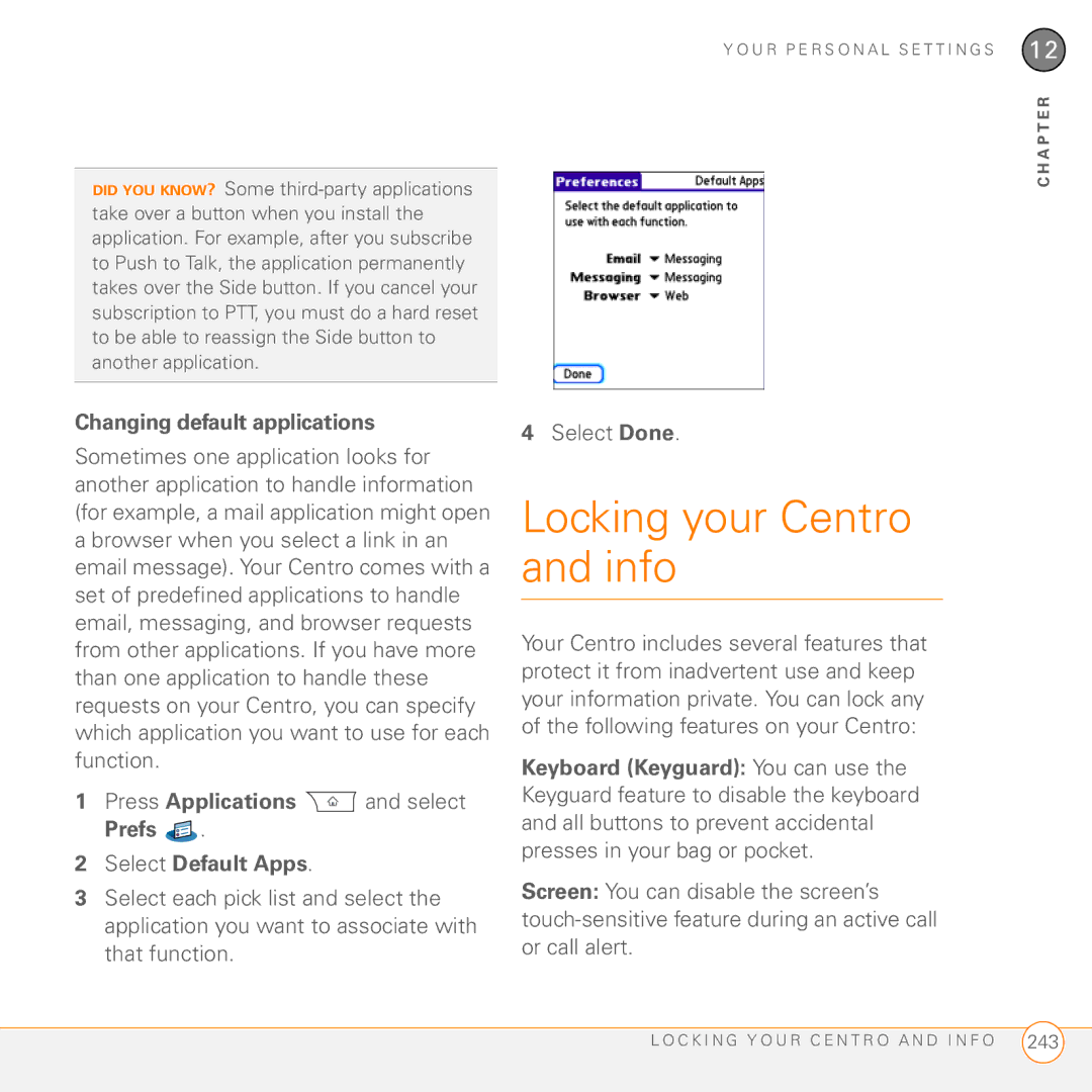 Palm PDA CentroTM Smart Device manual Locking your Centro and info, Changing default applications 