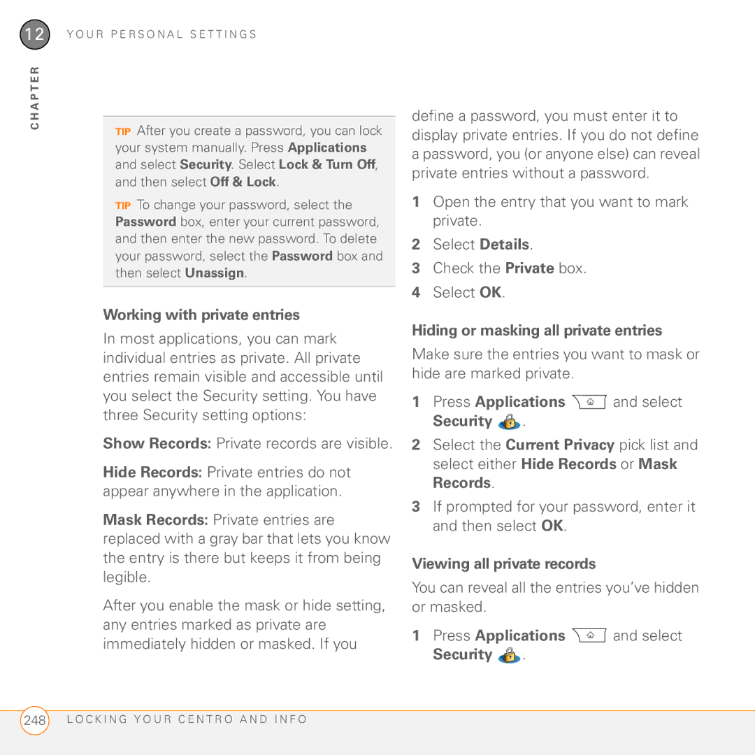 Palm PDA CentroTM Smart Device manual Working with private entries, Hiding or masking all private entries 