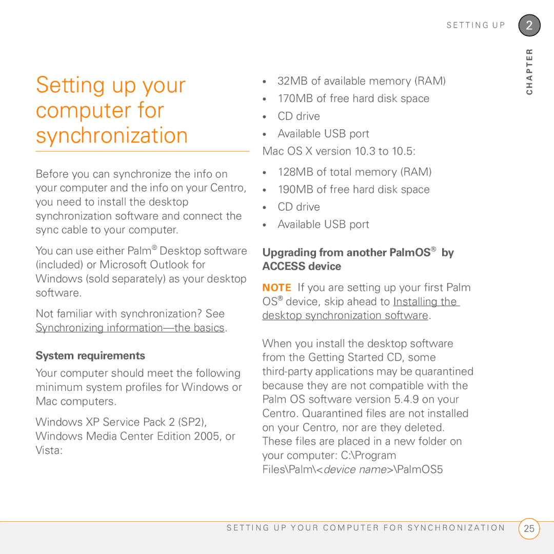 Palm PDA CentroTM Smart Device manual Setting up your computer for synchronization, System requirements 