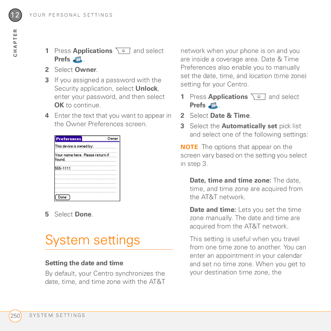 Palm PDA CentroTM Smart Device manual System settings, Setting the date and time 