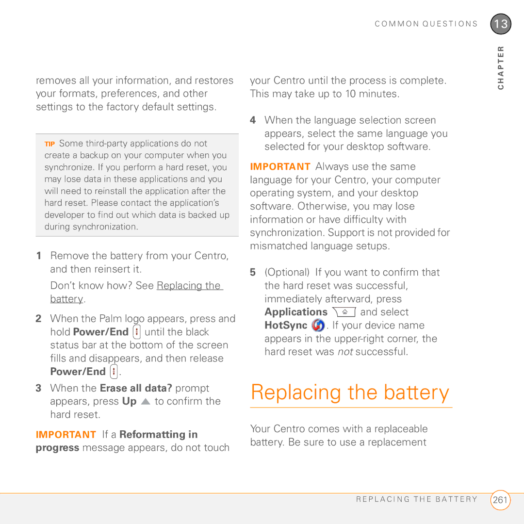 Palm PDA CentroTM Smart Device manual Replacing the battery 