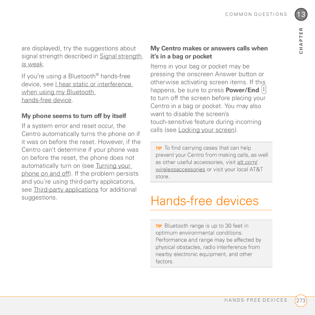 Palm PDA CentroTM Smart Device manual Hands-free devices, My phone seems to turn off by itself 