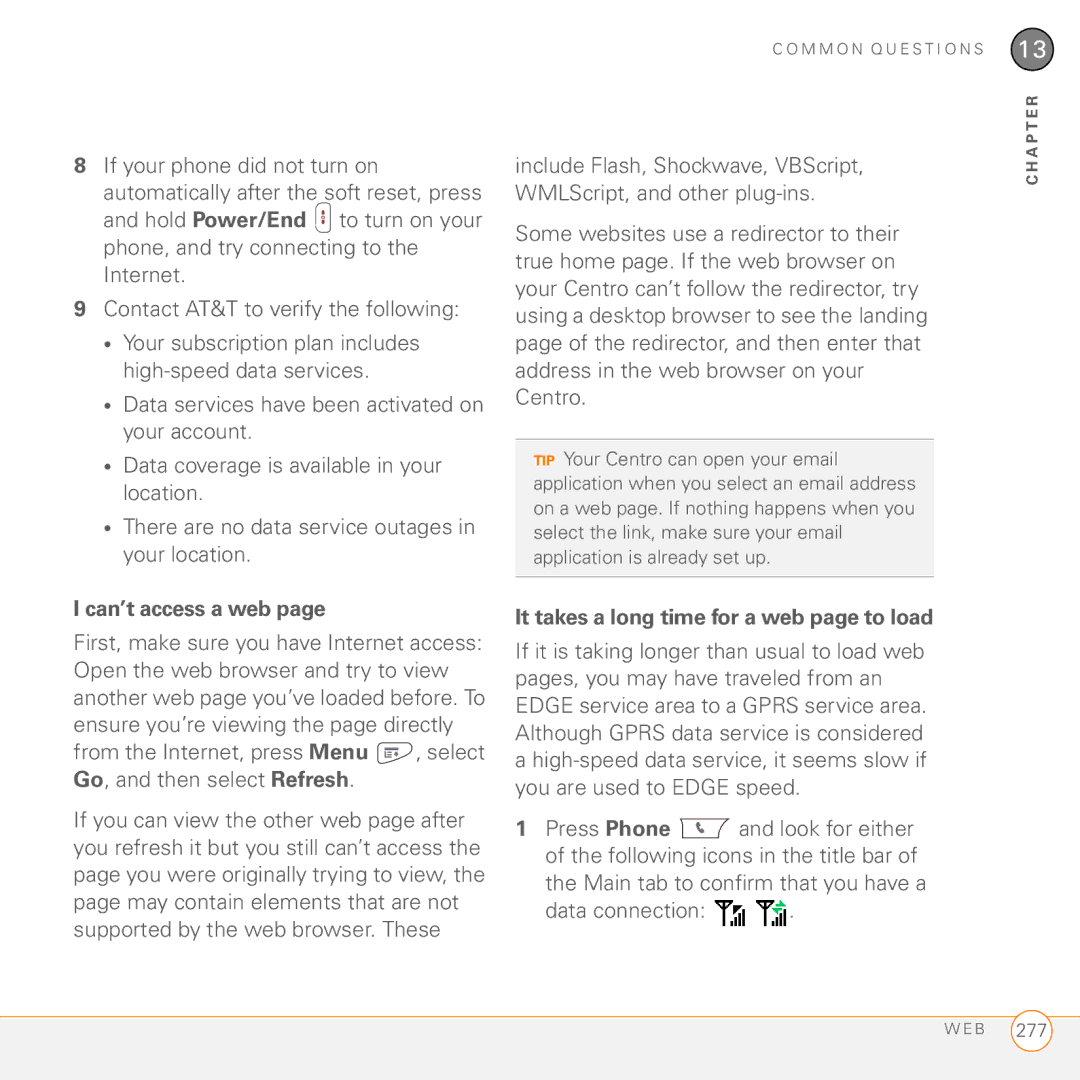 Palm PDA CentroTM Smart Device manual Can’t access a web, It takes a long time for a web page to load 