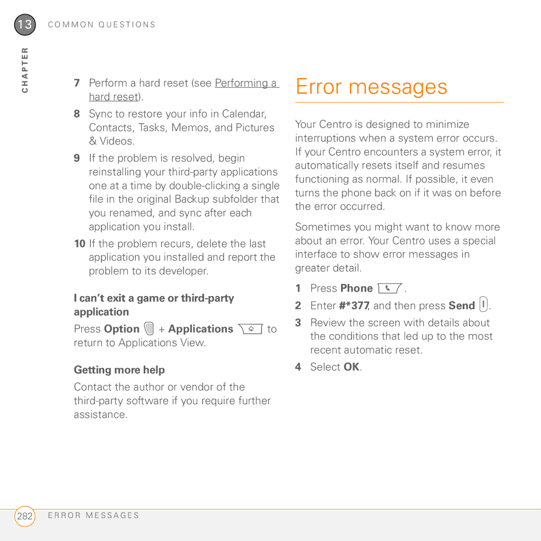 Palm PDA CentroTM Smart Device manual Error messages, Press Phone 