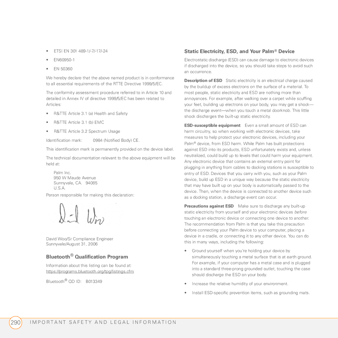 Palm PDA CentroTM Smart Device manual Bluetooth Qualification Program 