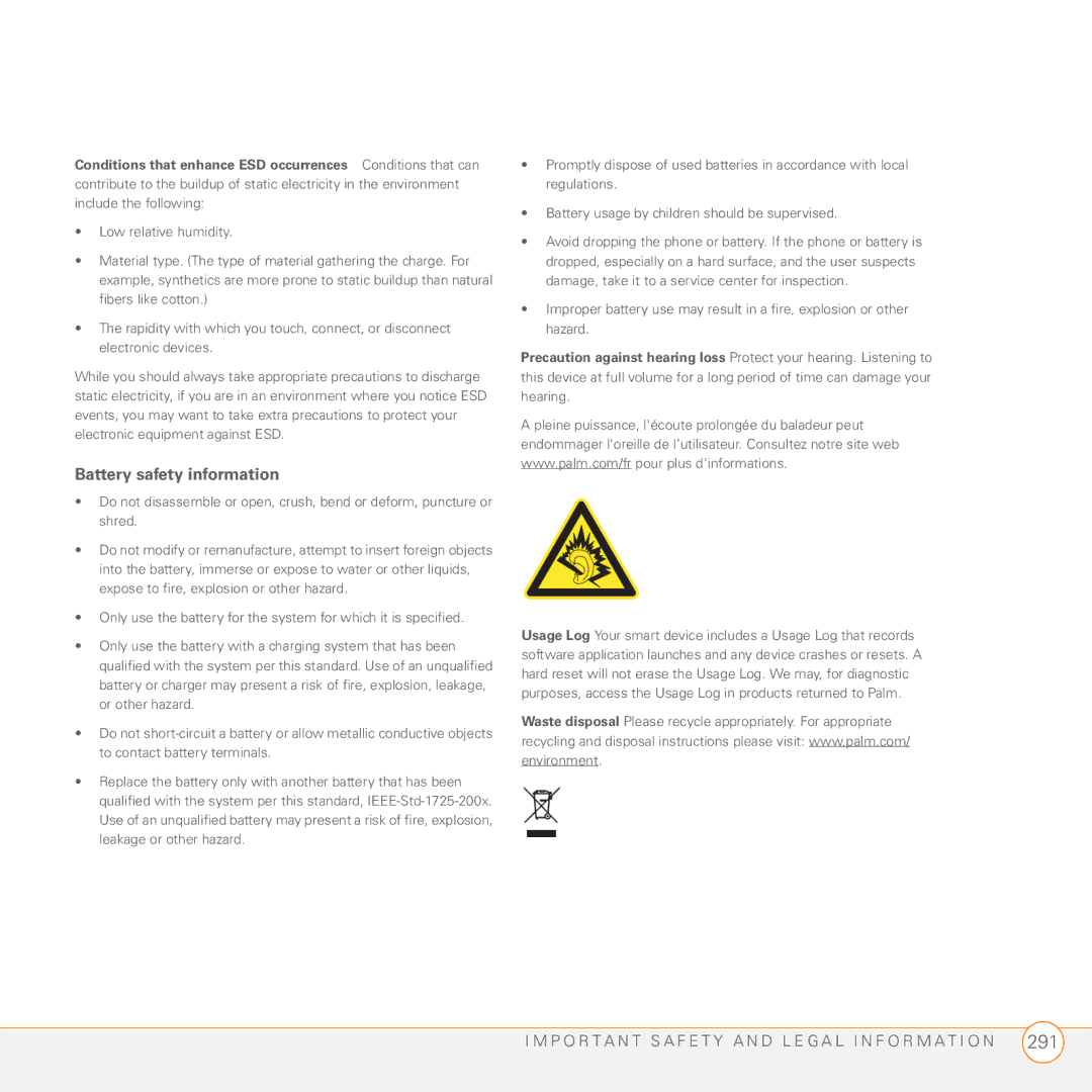 Palm PDA CentroTM Smart Device manual Battery safety information 