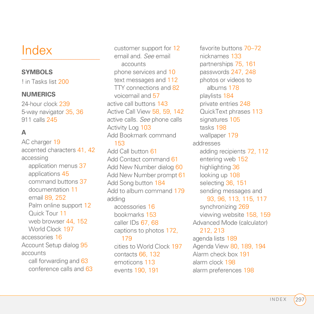 Palm PDA CentroTM Smart Device manual Index, Tasks list, Customer support for 12 email and. See email Accounts, 179 