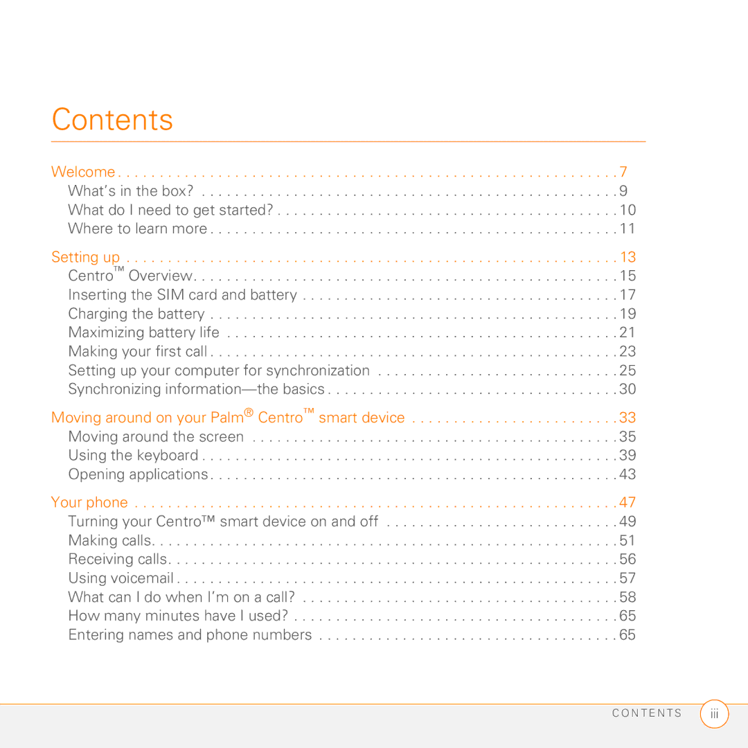 Palm PDA CentroTM Smart Device manual Contents 