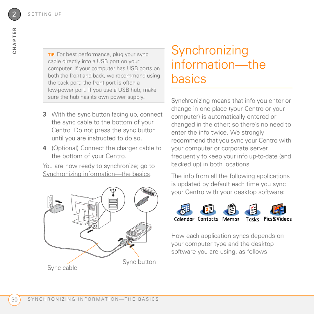 Palm PDA CentroTM Smart Device manual Synchronizing information-the basics, Sync button Sync cable 