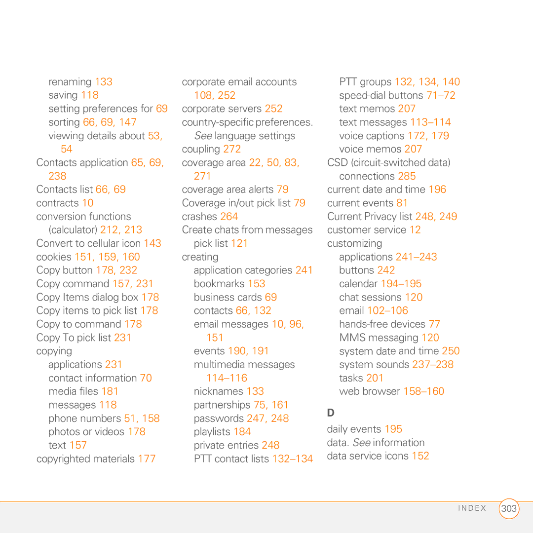 Palm PDA CentroTM Smart Device manual 108, Sorting 66, 69, 238 271, Cookies 151, 159, Events 190, 114-116 