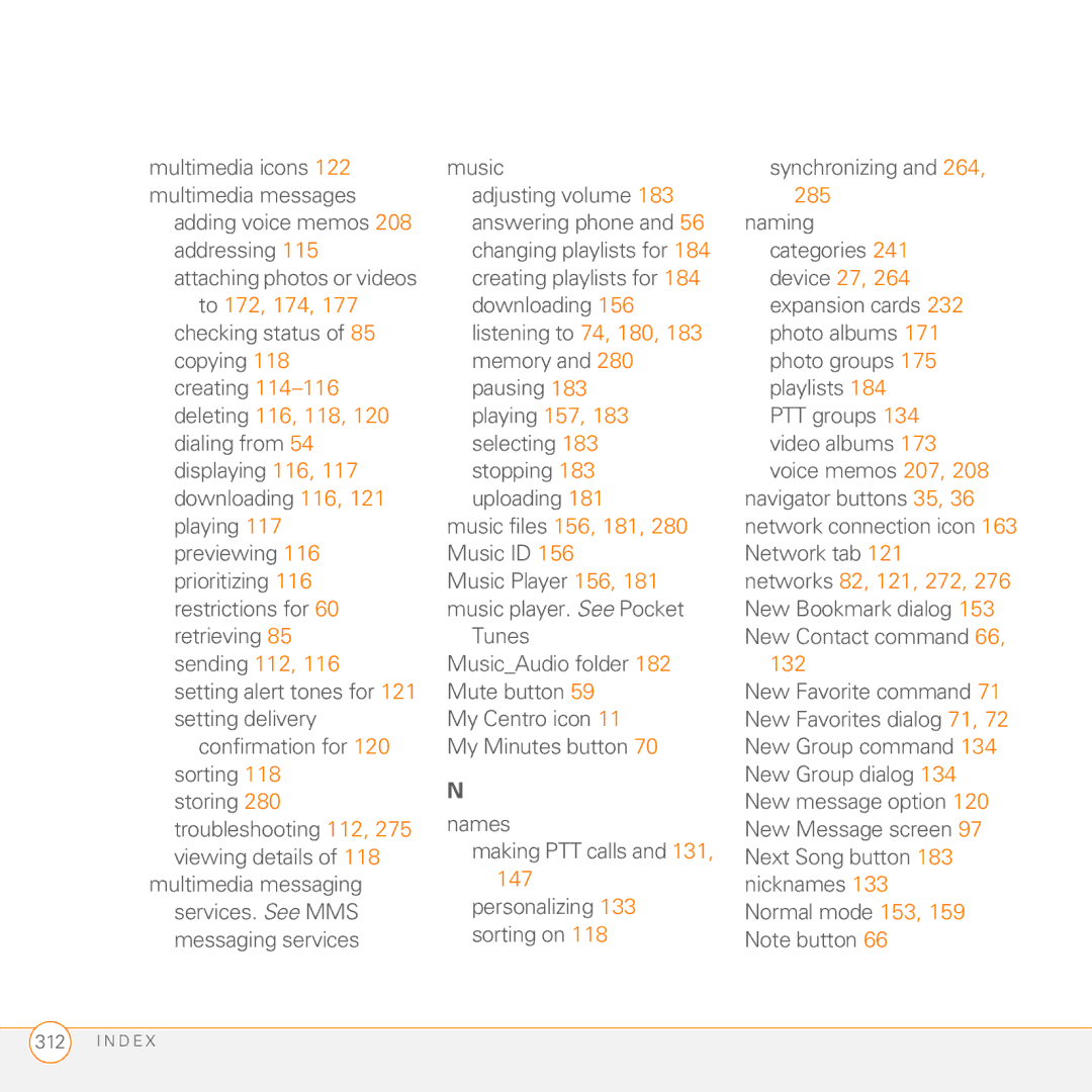Palm PDA CentroTM Smart Device manual To 172, 174, Deleting 116, 118, Music files 156, 181, 132 