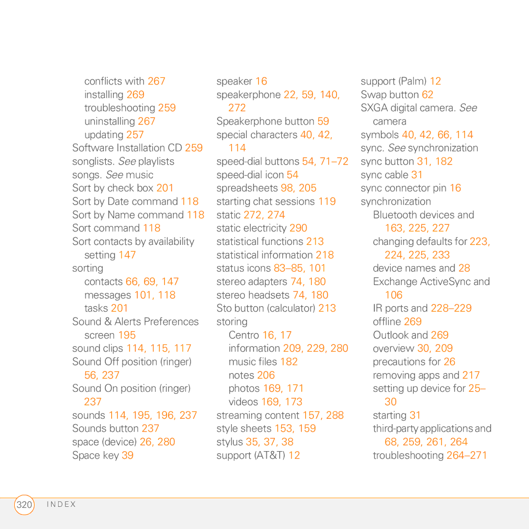 Palm PDA CentroTM Smart Device manual Symbols 40, 42, 66, 114, Static 272, 163, 225, 224, 225, Contacts 66, 69, 106 