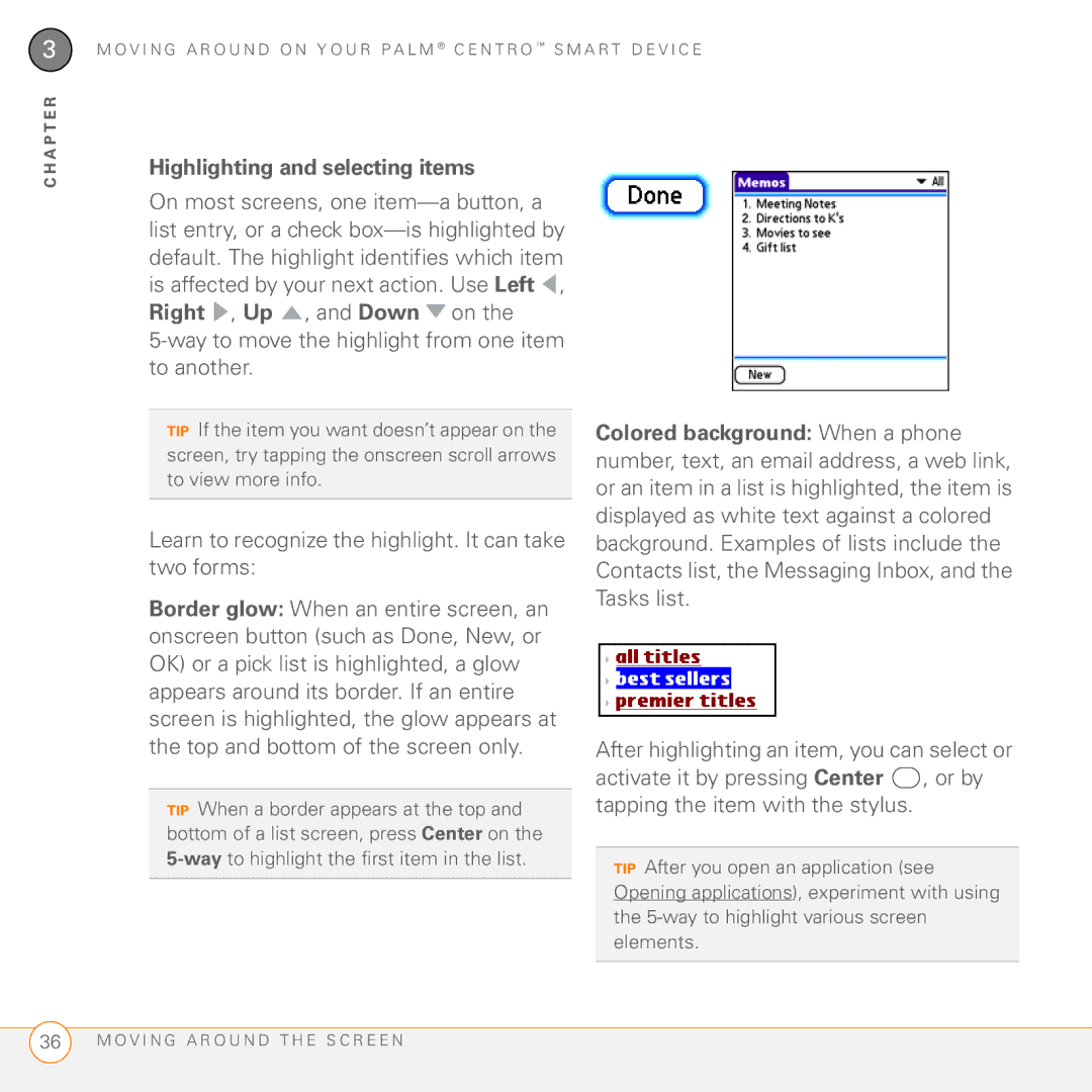 Palm PDA CentroTM Smart Device manual Highlighting and selecting items, Way to move the highlight from one item to another 