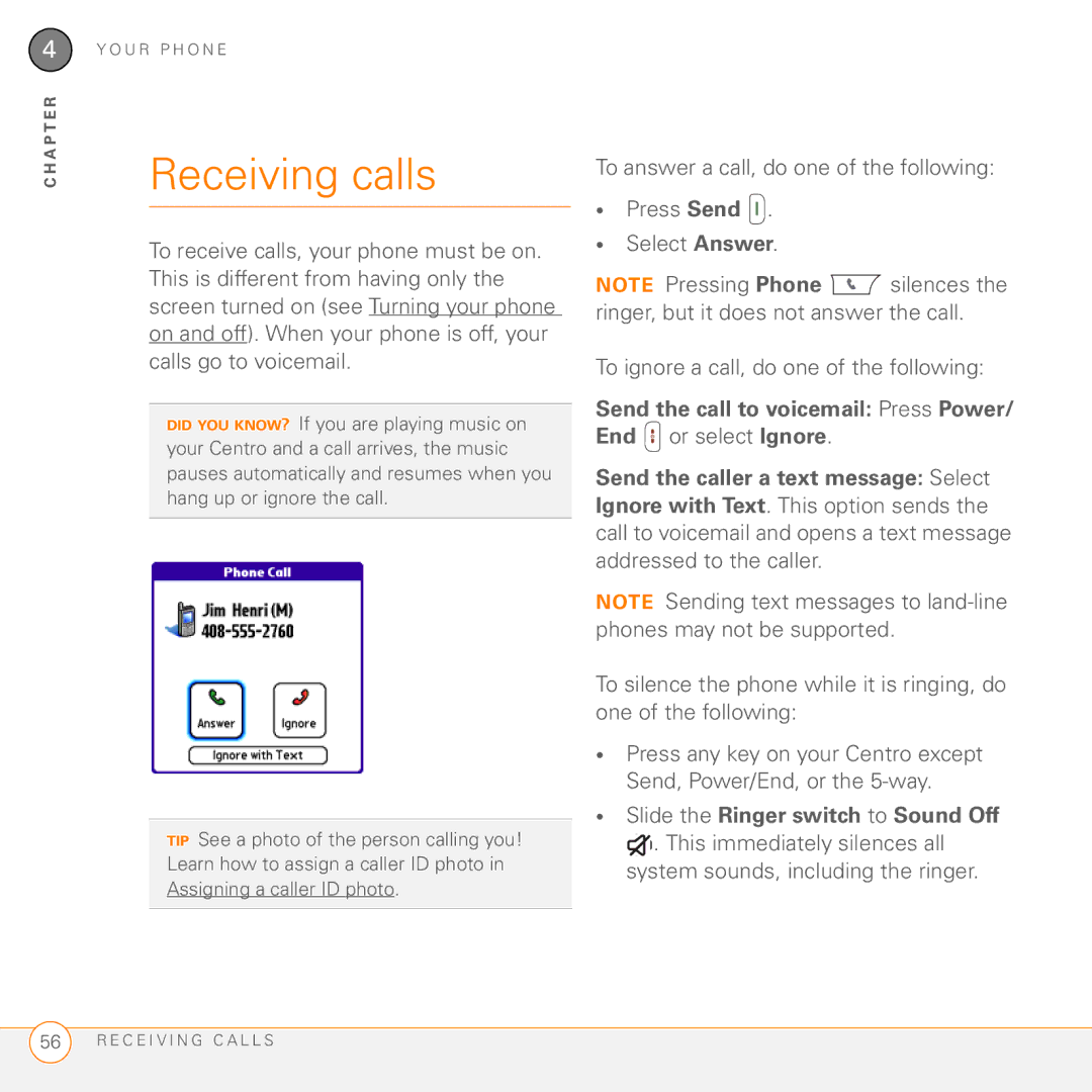 Palm PDA CentroTM Smart Device manual Receiving calls, Slide the Ringer switch to Sound Off 