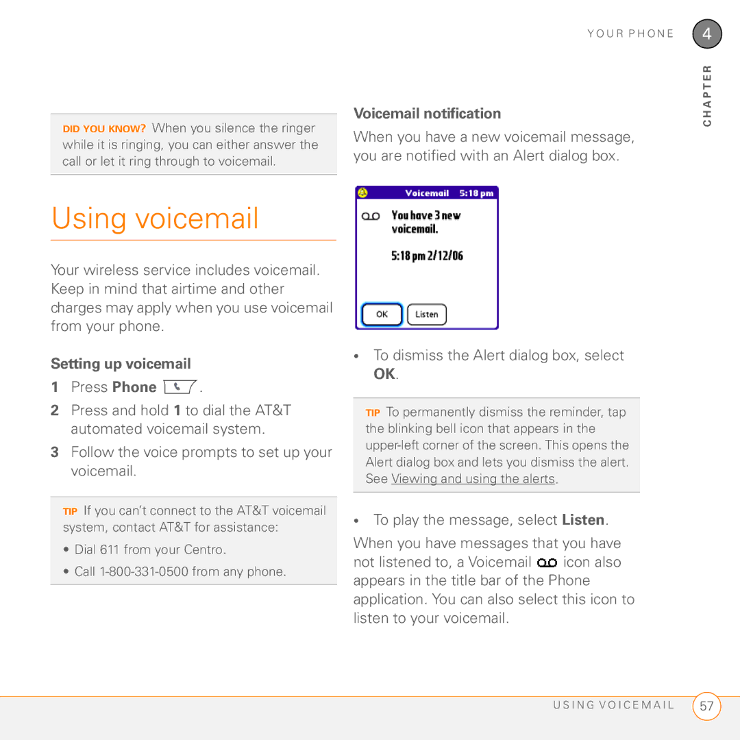 Palm PDA CentroTM Smart Device manual Using voicemail, Voicemail notification, Setting up voicemail Press Phone 