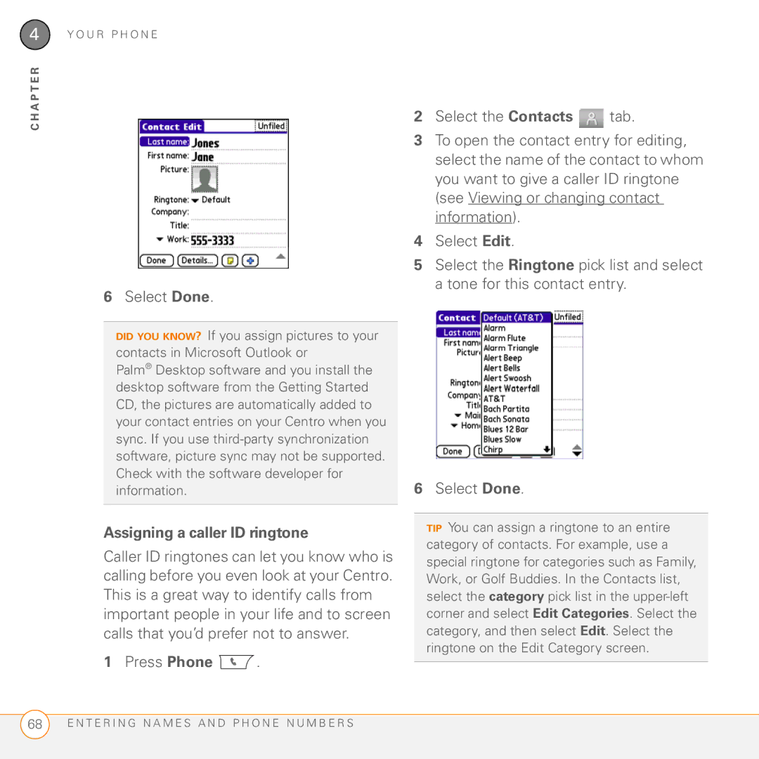 Palm PDA CentroTM Smart Device manual Select Done, Assigning a caller ID ringtone 