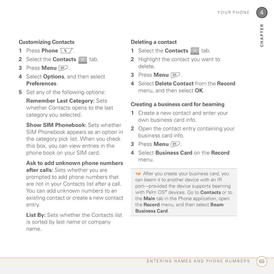 Palm PDA CentroTM Smart Device Customizing Contacts Press Phone, Deleting a contact, Creating a business card for beaming 