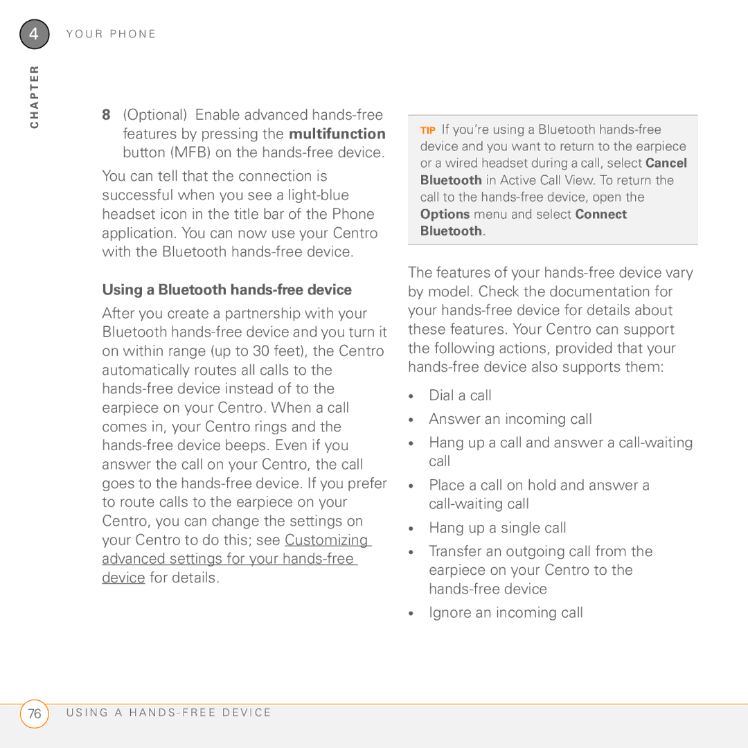 Palm PDA CentroTM Smart Device manual Using a Bluetooth hands-free device 